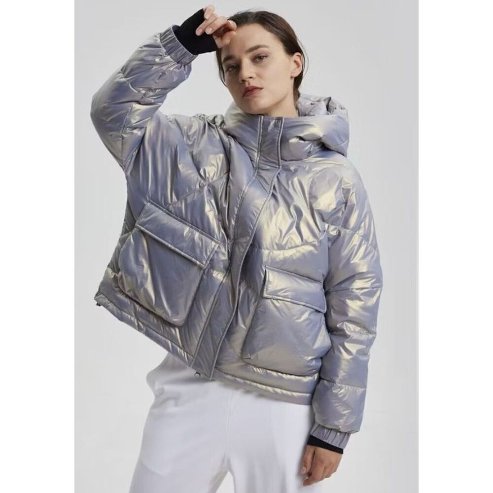 NEW LIT Activewear Hooded SILVER DOWN PUFFER Parka Coat Jacket sz S
